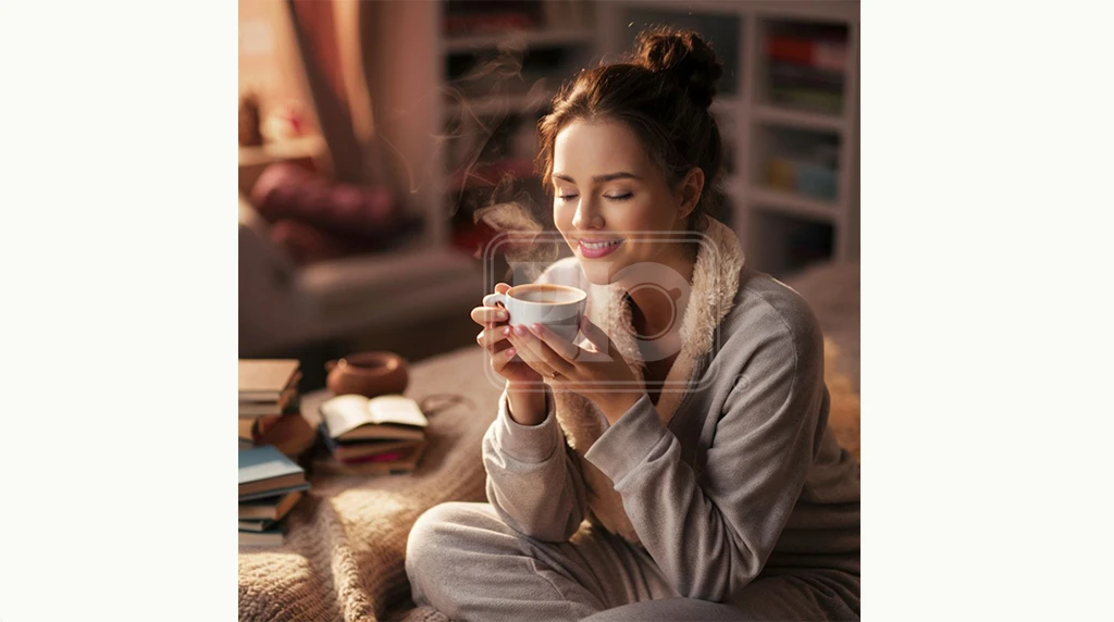 یک خانم در حال بوییدن قهوه