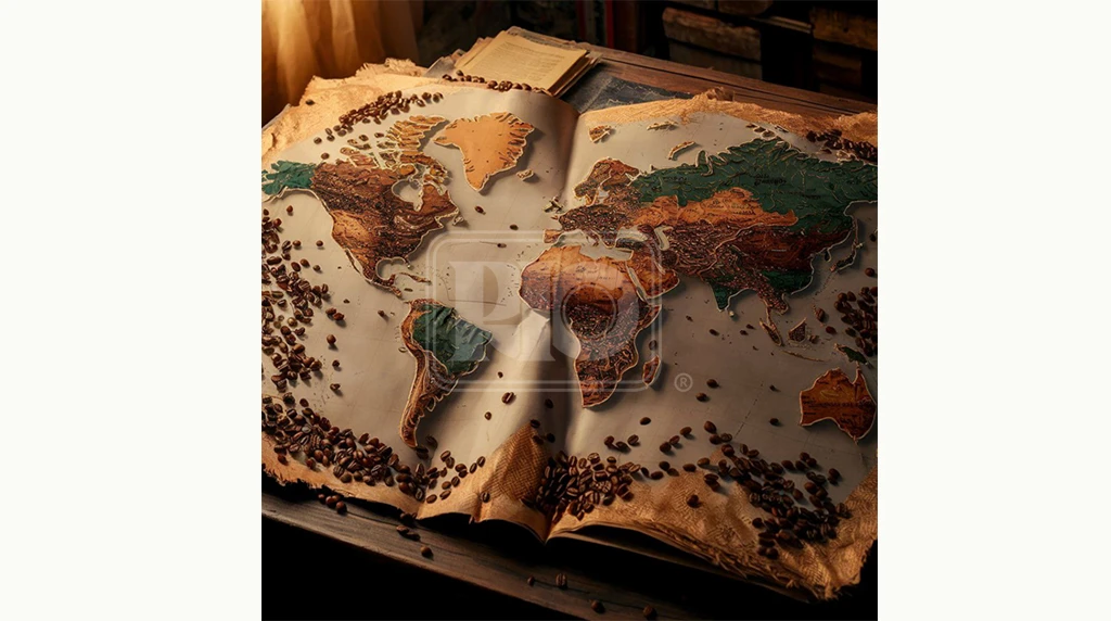 یک کتاب نقشه پر از دانههای قهوه روی آن