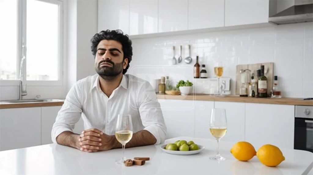 یک مرد نشسته در آشپزخانه در حال خوردن الکل و حال بد و هنگ آور