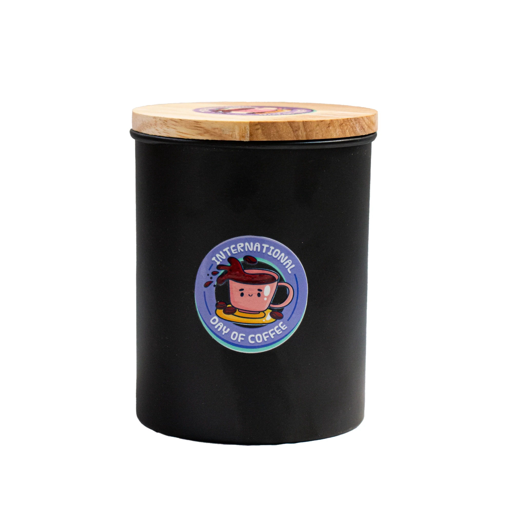 ظرف نگهدارنده قهوه 800 میل درب چوبی بدنه مشکی طرح دار رنگ بنفش